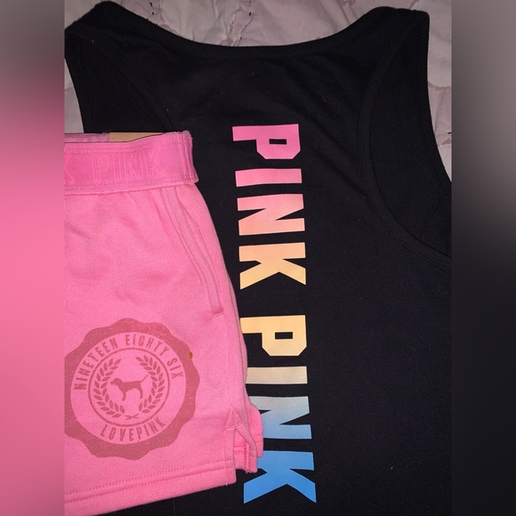 VS Pink 2 Piece SET Foldover Waist Short & Black RAINBOW Gradient Racerback Tank - Picture 2 of 10